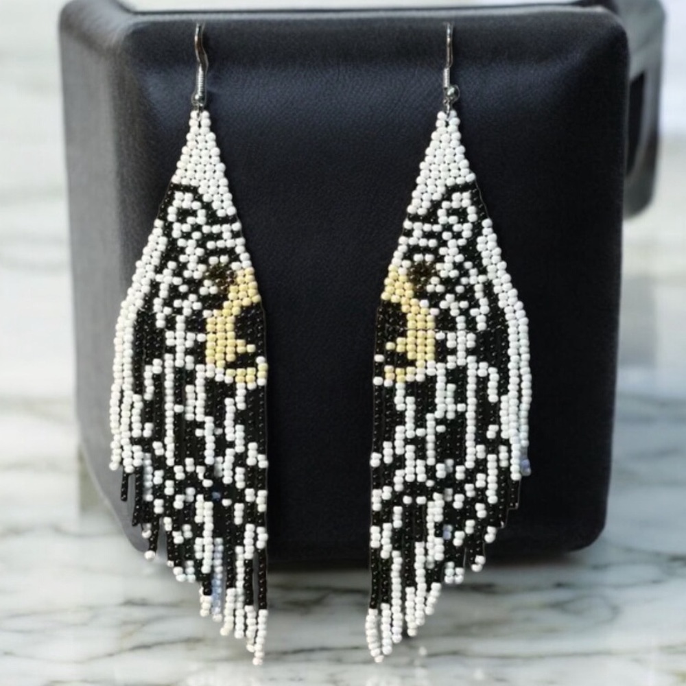Black Bear beaded tassel earrings. New.